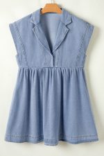 Beau Blue Lapel Neck Cap Sleeve High Waist Denim Babydoll Dress - Image 9