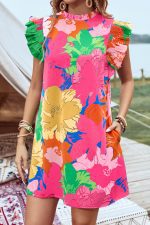 Pink Floral Print Flutter Sleeve Pockets Mini Dress - Image 4