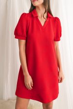 Fiery Red V Neck Puff Sleeve Textured Mini Dress - Image 5