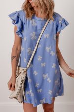 Sky Blue Bow Print Ruffle Sleeve Mini Dress - Image 3