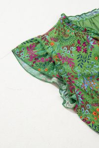 Green Floral Tie Neck Ruffle Sleeve Tiered Mini Dress - Image 6