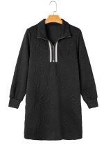 Black Jacquard Textured Quarter Zipper Pop of Color Neckline Dress - Image 11