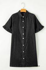 Black Short Sleeve Button Up Loose Denim Shirt Dress - Image 3