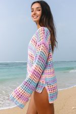 Purple Striped Hollow Knit Summer Beach Cover Up - Image 3