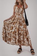 Khaki Floral Shirred High Waist Spaghetti Straps Maxi Dress - Image 3