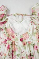 White Floral Print Sweetheart Neck Bubble Sleeve Ruffle Mini Dress - Image 14