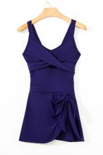 Navy Blue Adjustable Straps Cutout Ruched Knot Slit One Piece Swim Dress - Image 3