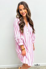 Rose Striped Long Sleeve Buttons Loose Mini Dress - Image 3