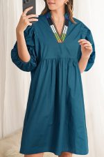 Blue Sapphire Puff Sleeve Pleated Pop of Color Neckline Dress