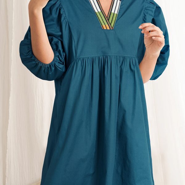 Blue Sapphire Puff Sleeve Pleated Pop of Color Neckline Dress
