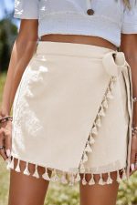 Apricot Boho Tassel Trim Wrap Knot Side Mini Skort - Image 4