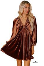 Clay Elastic V Neck Puff Sleeve Flowy Velvet Dress - Image 7