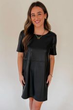 Black Solid Color Faux Leather Short Sleeve Mini Dress - Image 3