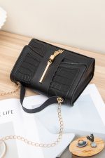 Black Textured Leather Buckle Chain Shoulder Bag - Image 3