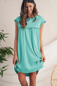 Mint Green Frilled Trim Crewneck Loose Fit Mini Dress - Image 10
