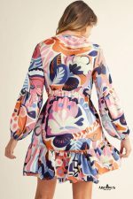 Dark Blue Abstract Floral Print Drawstring Mini Dress - Image 2