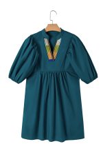 Blue Sapphire Puff Sleeve Pleated Pop of Color Neckline Dress - Image 12