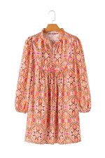Khaki Abstract Print Long Sleeve Tied Neckline Mini Dress - Image 8