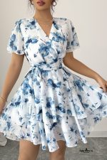 Sky Blue Floral Print Tie Waist Mini Dress - Image 3