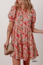 Multicolour Floral Print Frilled Neck Puff Sleeve High Waist Dress - Image 5