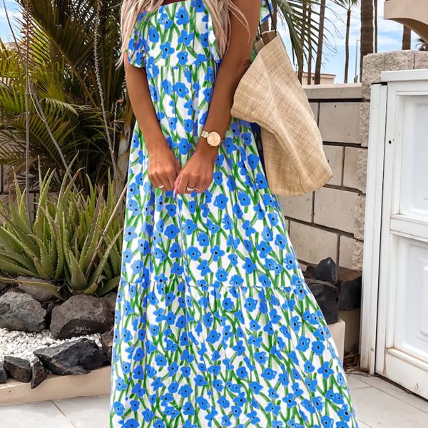 Blue Floral Print Square Neck Ruffled Strap Maxi Dress