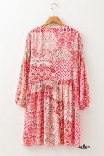 Pink Bohemian Floral Print Tassel Tie Long Sleeve Flowy Mini Dress - Image 12