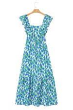 Blue Floral Print Square Neck Ruffled Strap Maxi Dress - Image 17