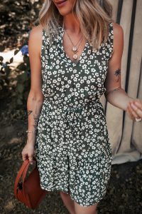 Green Boho Floral Print V Neck Knot Waist Sleeveless Dress - Image 5