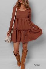 Straw Yellow Ribbed Frilled Trim High Waist Long Sleeve Mini Dress - Image 8