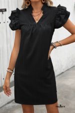 Black V Neck Ruffle Sleeve Shift Mini Dress - Image 3