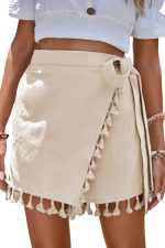 Apricot Boho Tassel Trim Wrap Knot Side Mini Skort - Image 15