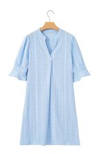 Beau Blue Split V-Neck Jacquard Eyelet Mini Dress - Image 14