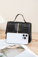 Black Textured Leather Buckle Chain Shoulder Bag - Image 8