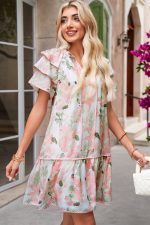 Pink Floral Contrast Edge Ruffle Sleeve Tie Neck Mini Dress - Image 3