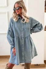 Beau Blue Smocked Cuffs Flared Denim Shirt Mini Dress - Image 3