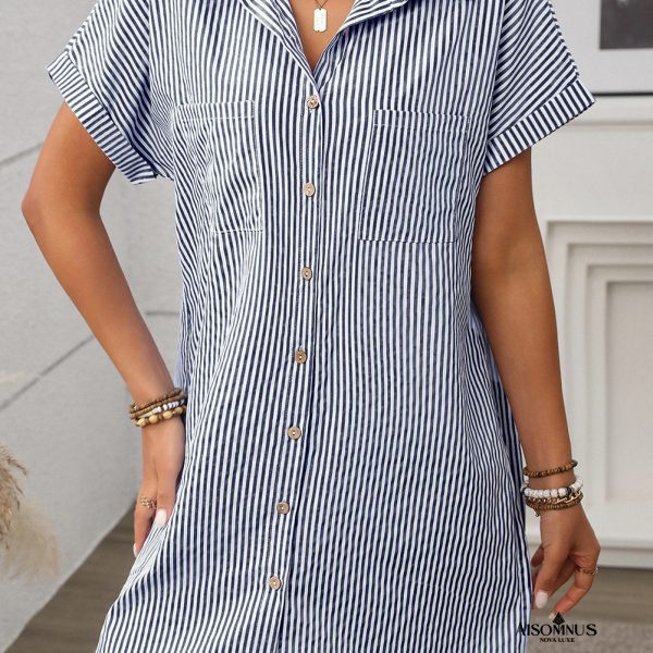 Black Stripe Button Up Pocket Collared Mini Dress