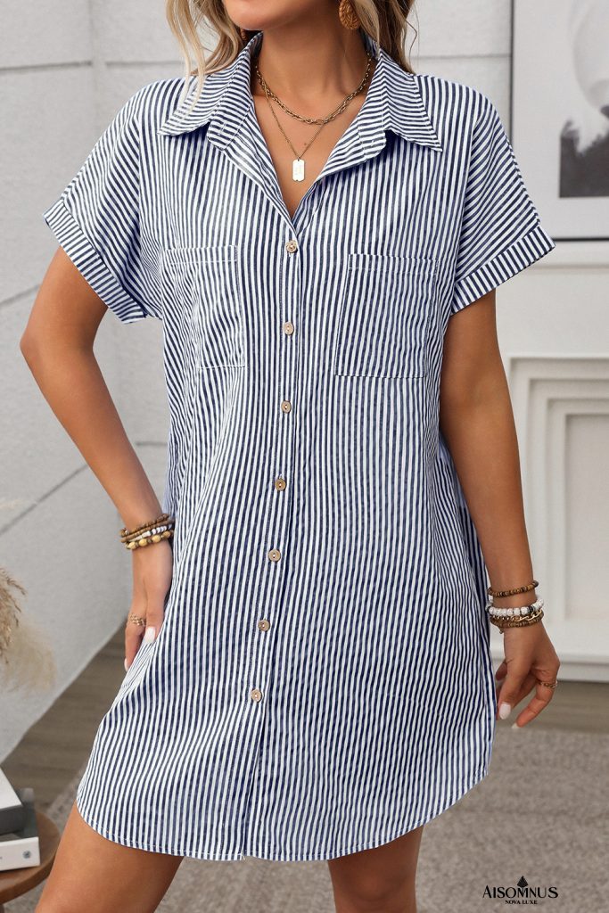 Black Stripe Button Up Pocket Collared Mini Dress