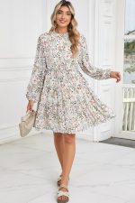 Green Floral Print Tiered Frilled Shirred Mock Neck Mini Dress - Image 7