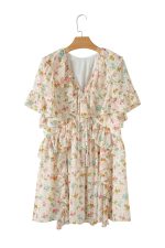 Apricot Boho V Neck Floral Tassel Tie Ruffle Mini Dress - Image 15