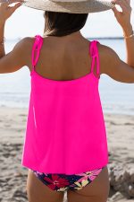 Rose Red Solid Color Cami and Floral Print Panty Tankini Set - Image 2
