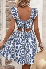 Blue Floral Print Square Neck Sleeveless Mini Dress - Image 2
