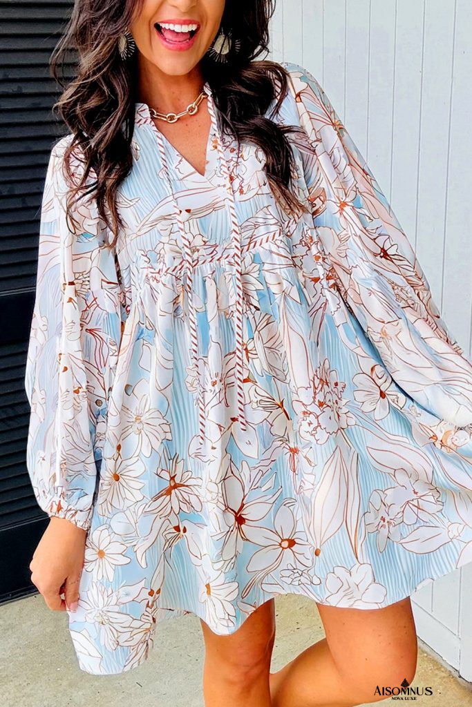 White Floral Print Tie V Neck Puff Sleeve Mini Dress