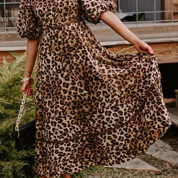 Brown Leopard Print Puff Sleeve Ricrac Maxi Dress