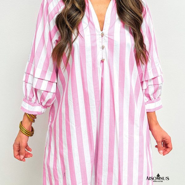 Rose Striped Long Sleeve Buttons Loose Mini Dress