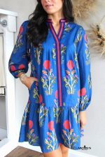 Sky Blue Floral Print Pop of Color V Neck Mini Dress