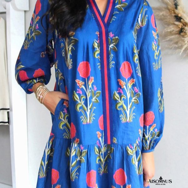 Sky Blue Floral Print Pop of Color V Neck Mini Dress