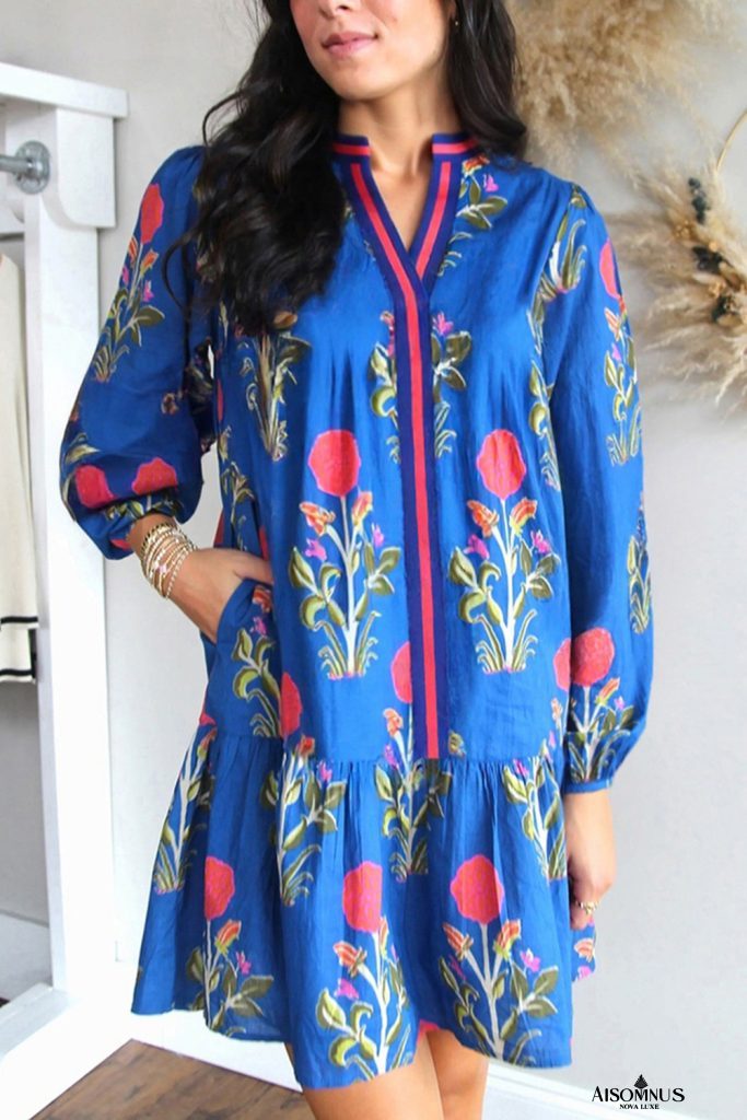 Sky Blue Floral Print Pop of Color V Neck Mini Dress
