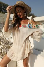 Apricot Crochet Flower Strap Off Shoulder Ruffle Beach Dress - Image 6