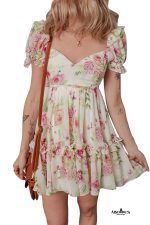 White Floral Print Sweetheart Neck Bubble Sleeve Ruffle Mini Dress - Image 18