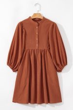 Gold Flame Light Snap Button Empire Waist Lantern Sleeve Corduroy Dress - Image 7